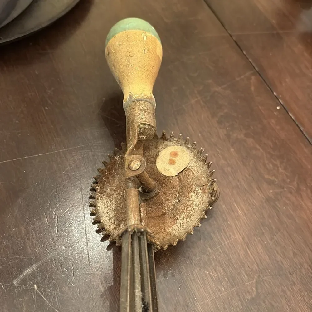 Vintage Egg Beater with Green Wooden Handle USA